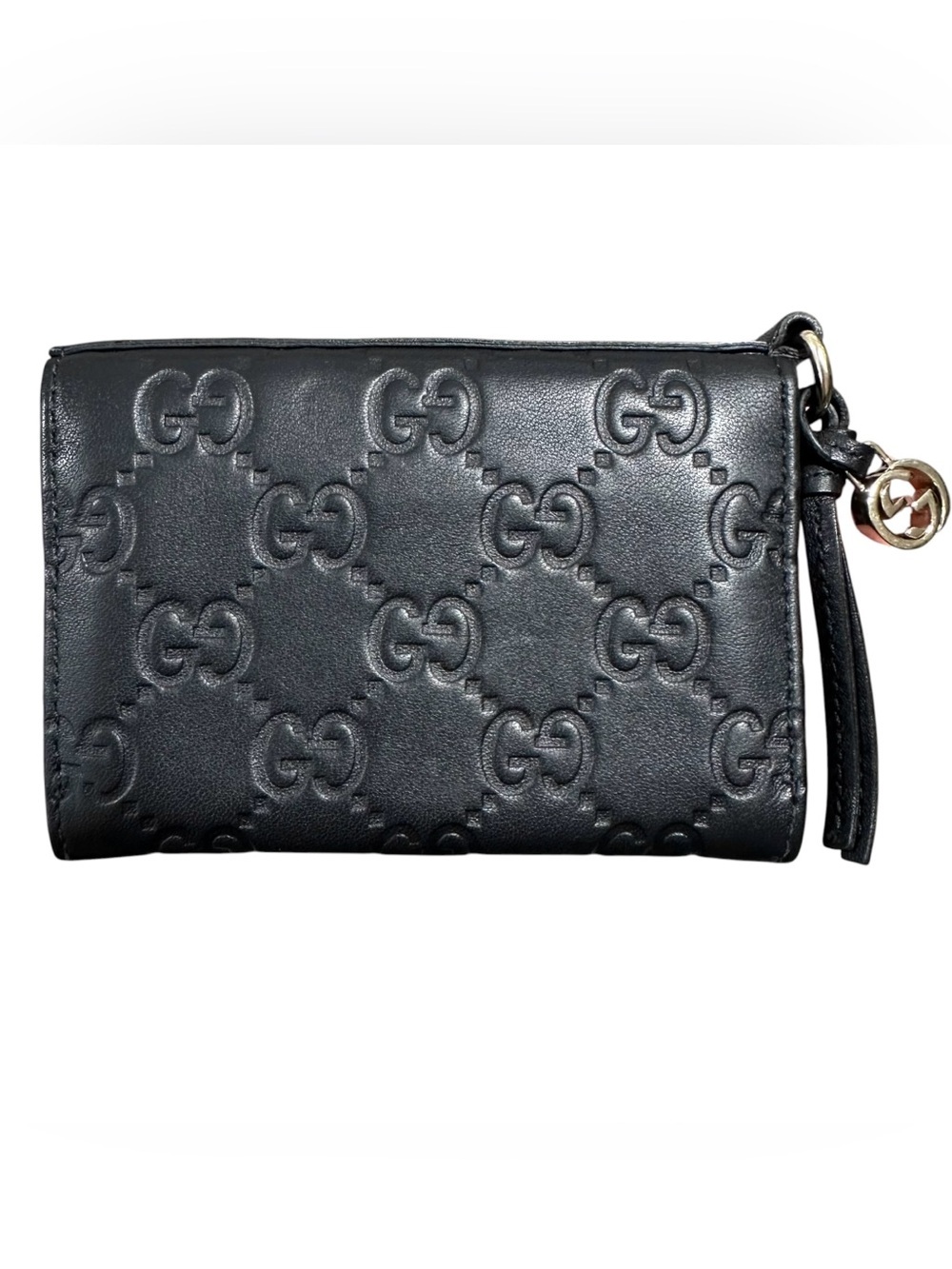 Gucci Black Microguccisima Embossed Monogram Leather & Gold GG Charm Card Holder - Picture 2 of 12